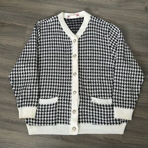 Vintage Black and White Houndstooth Cardigan with Gold Pearl Buttons and Pockets